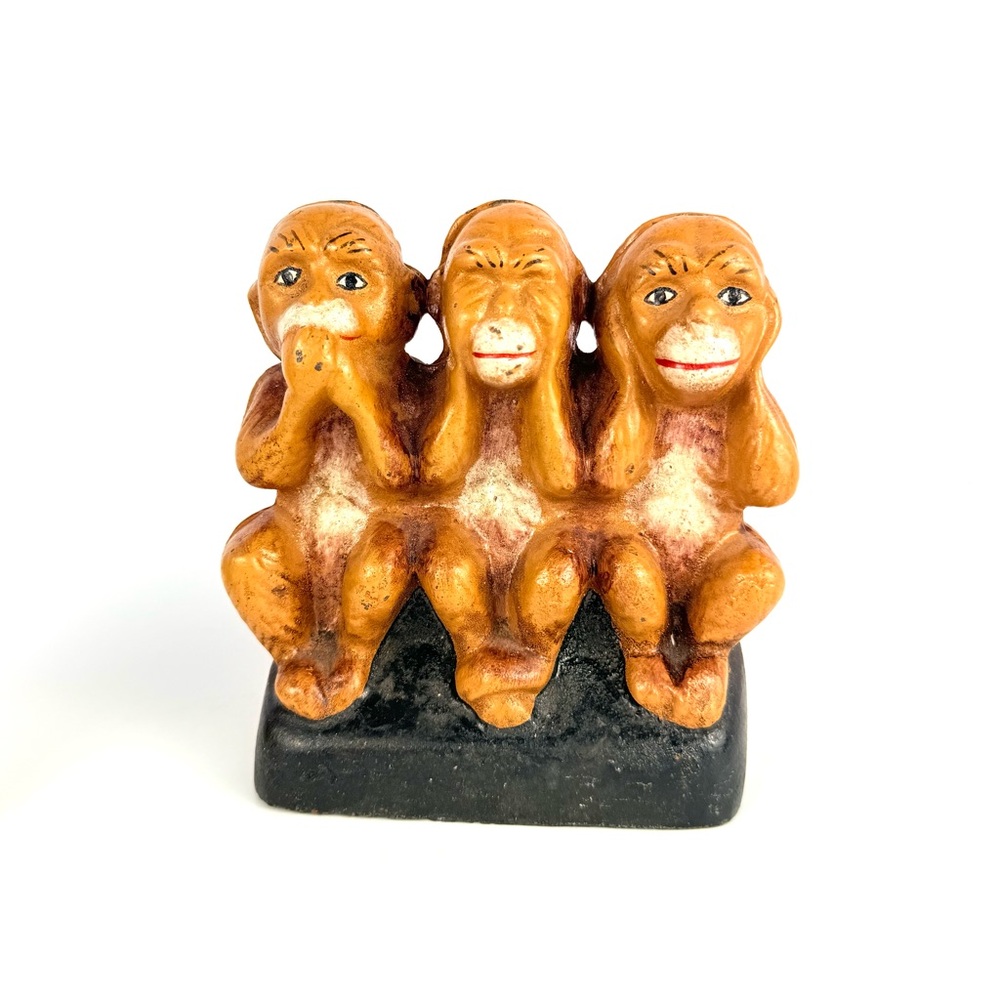 Vintage Cast Iron Painted Speak See Hear No Evil Wise Monkeys Still Coin Bank 5"